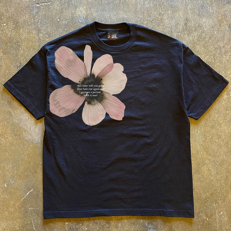 Pink Flower Graphic T-shirt with Quote